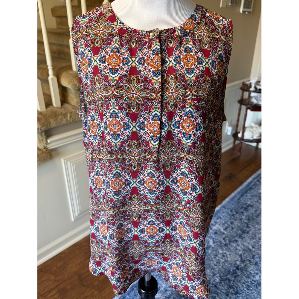 Sami & Jo Womens Large Sleeveless Medallion Paisley Blouse Burgundy Teal Gold